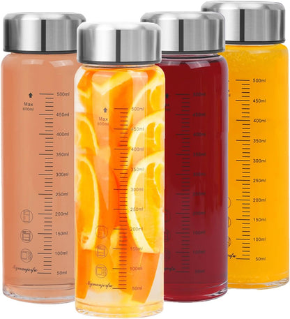 Glass Juice Bottles 16 oz - Wide Mouth Glass Water Bottles with Lids - for Juicing, Smoothies, Milk, Protein, BPA Free, Reusable, Stainless Steel Lids, Leak Proof, Shaker bottle (500 ml)