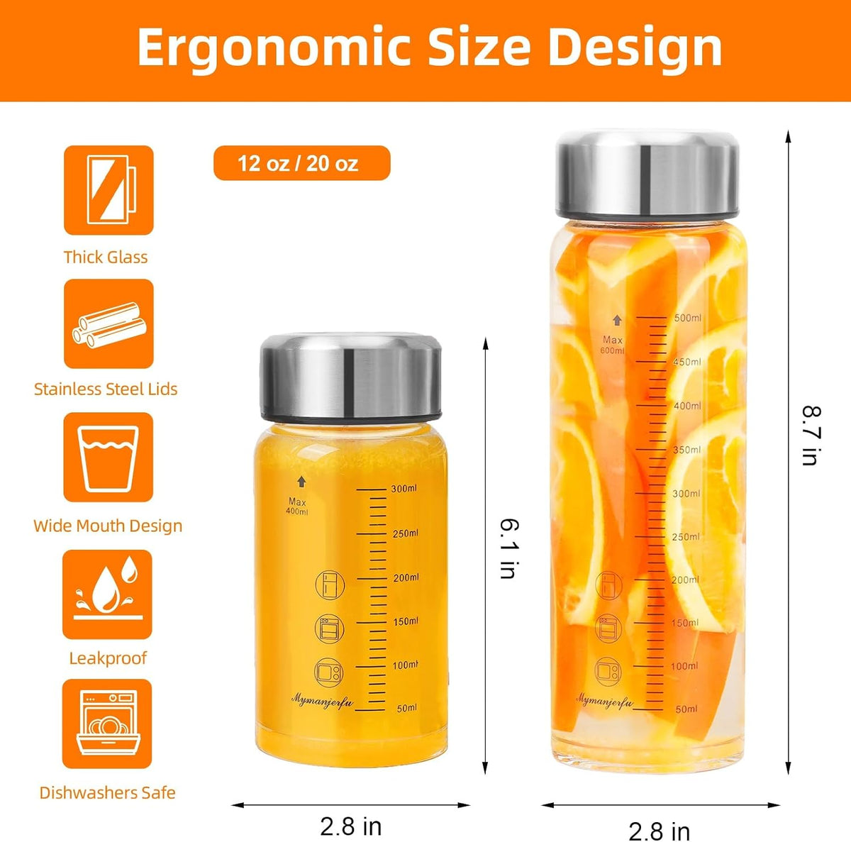 Glass Juice Bottles 16 oz - Wide Mouth Glass Water Bottles with Lids - for Juicing, Smoothies, Milk, Protein, BPA Free, Reusable, Stainless Steel Lids, Leak Proof, Shaker bottle (500 ml)