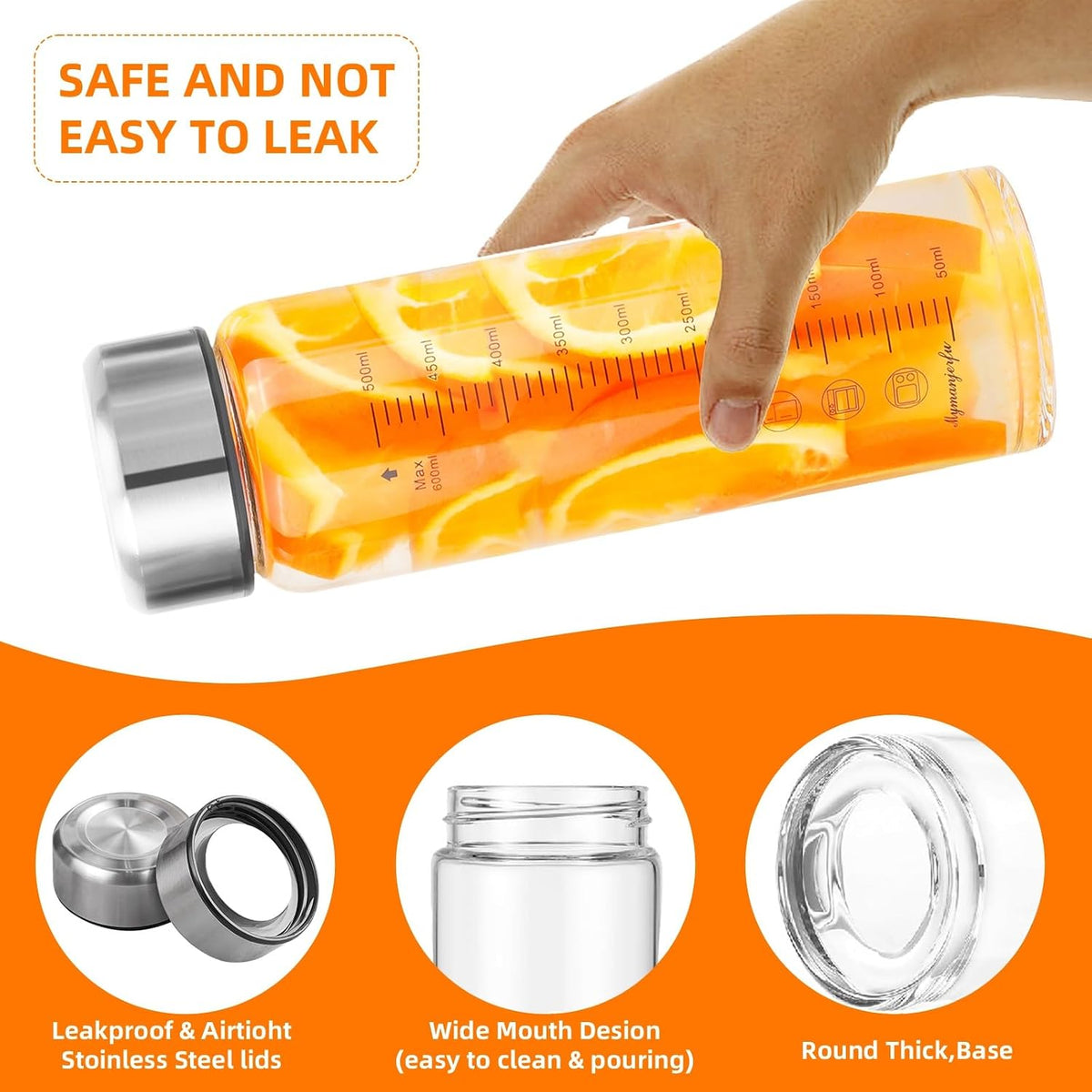 Glass Juice Bottles 16 oz - Wide Mouth Glass Water Bottles with Lids - for Juicing, Smoothies, Milk, Protein, BPA Free, Reusable, Stainless Steel Lids, Leak Proof, Shaker bottle (500 ml)