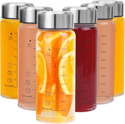 Glass Juice Bottles 16 oz - Wide Mouth Glass Water Bottles with Lids - for Juicing, Smoothies, Milk, Protein, BPA Free, Reusable, Stainless Steel Lids, Leak Proof, Shaker bottle (500 ml)