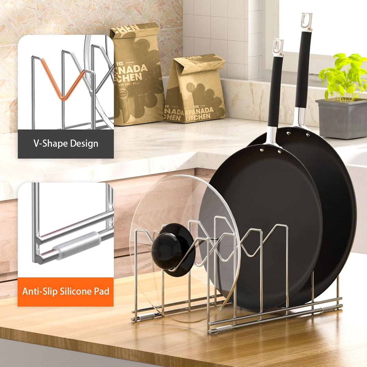3 Pack Pot Lid Organizer, Holds 15 Lids, Plate & Cutting Board Rack | with Stainless Steel Build and Anti-Slip Pads, Lid Organizer for Cabinets, Drawers and Countertops, Silver