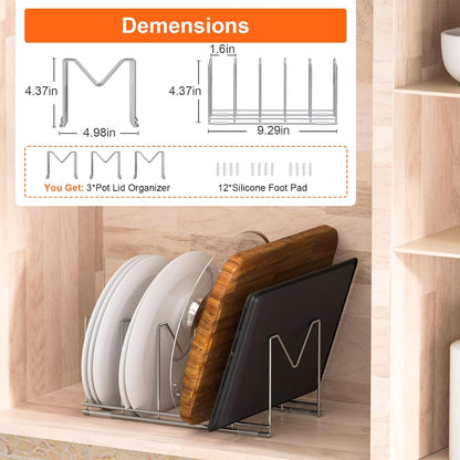 3 Pack Pot Lid Organizer, Holds 15 Lids, Plate & Cutting Board Rack | with Stainless Steel Build and Anti-Slip Pads, Lid Organizer for Cabinets, Drawers and Countertops, Silver