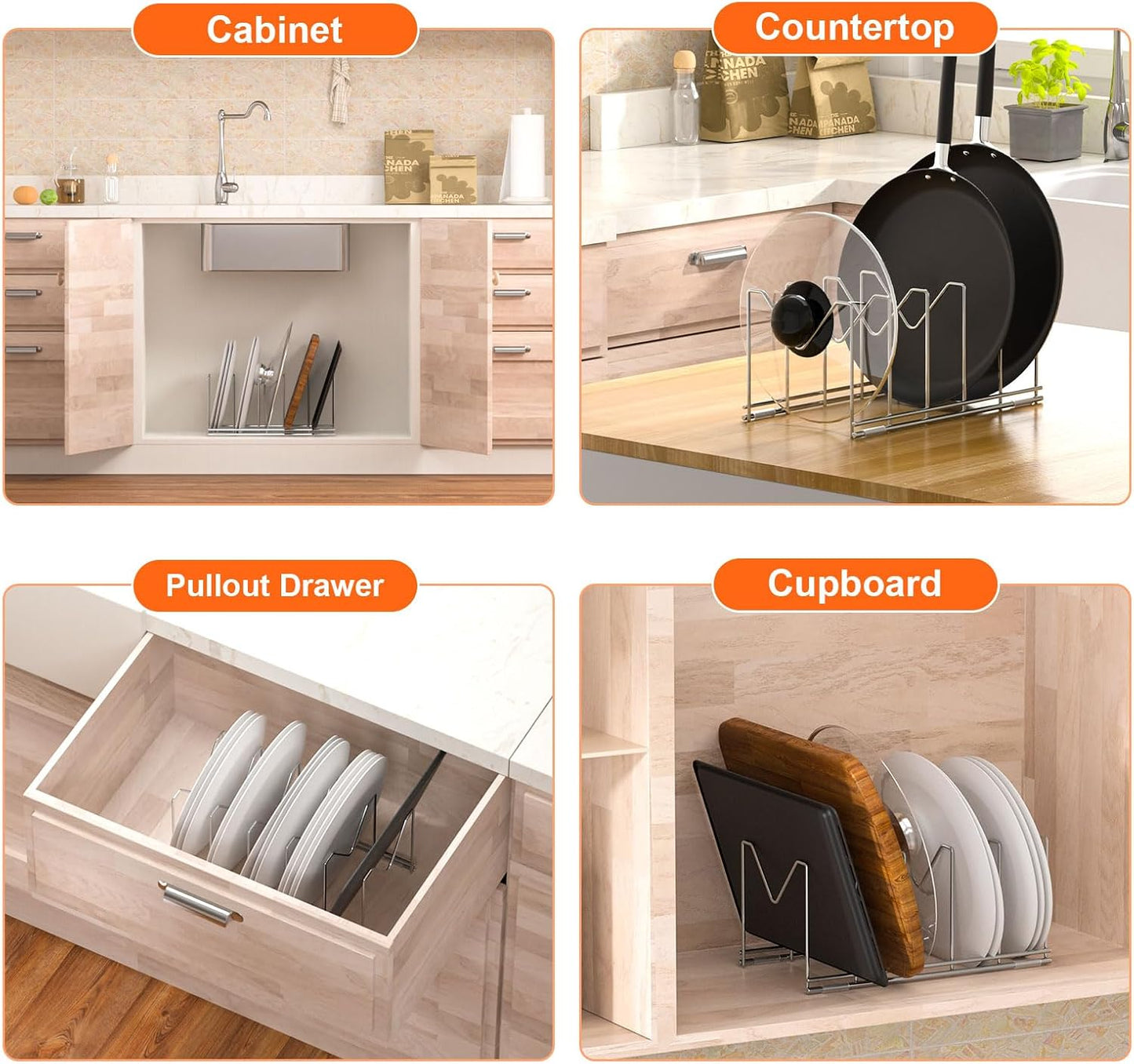 3 Pack Pot Lid Organizer, Holds 15 Lids, Plate & Cutting Board Rack | with Stainless Steel Build and Anti-Slip Pads, Lid Organizer for Cabinets, Drawers and Countertops, Silver