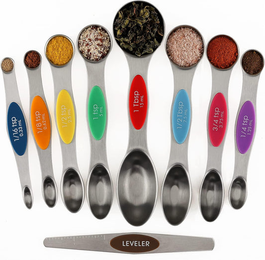 Magnetic Measuring Spoons Set of 9 Stainless Steel Dual Sided Teaspoon | Stackable Tablespoon for Measuring Dry and Liquid Ingredients Fits in Spice Jars