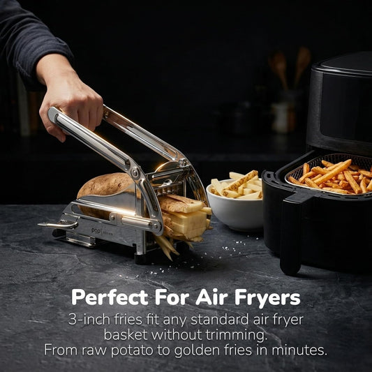 French Fry Cutter, Dishwasher Safe Stainless Steel Potato & Vegetable Slicer, 2 Blade Sizes (1/2" & 3/8"), Suction Base, Lifetime Blade Replacement Warranty, Perfect for Air Fryer & Deep Fryer