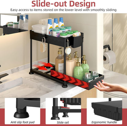 4-Pack 2-Tier Under Sink Organizer with Pull Out Drawers | Multi-use kitchen & bathroom storage. Includes hanging hooks and cups. Black, space-saving cabinet design.