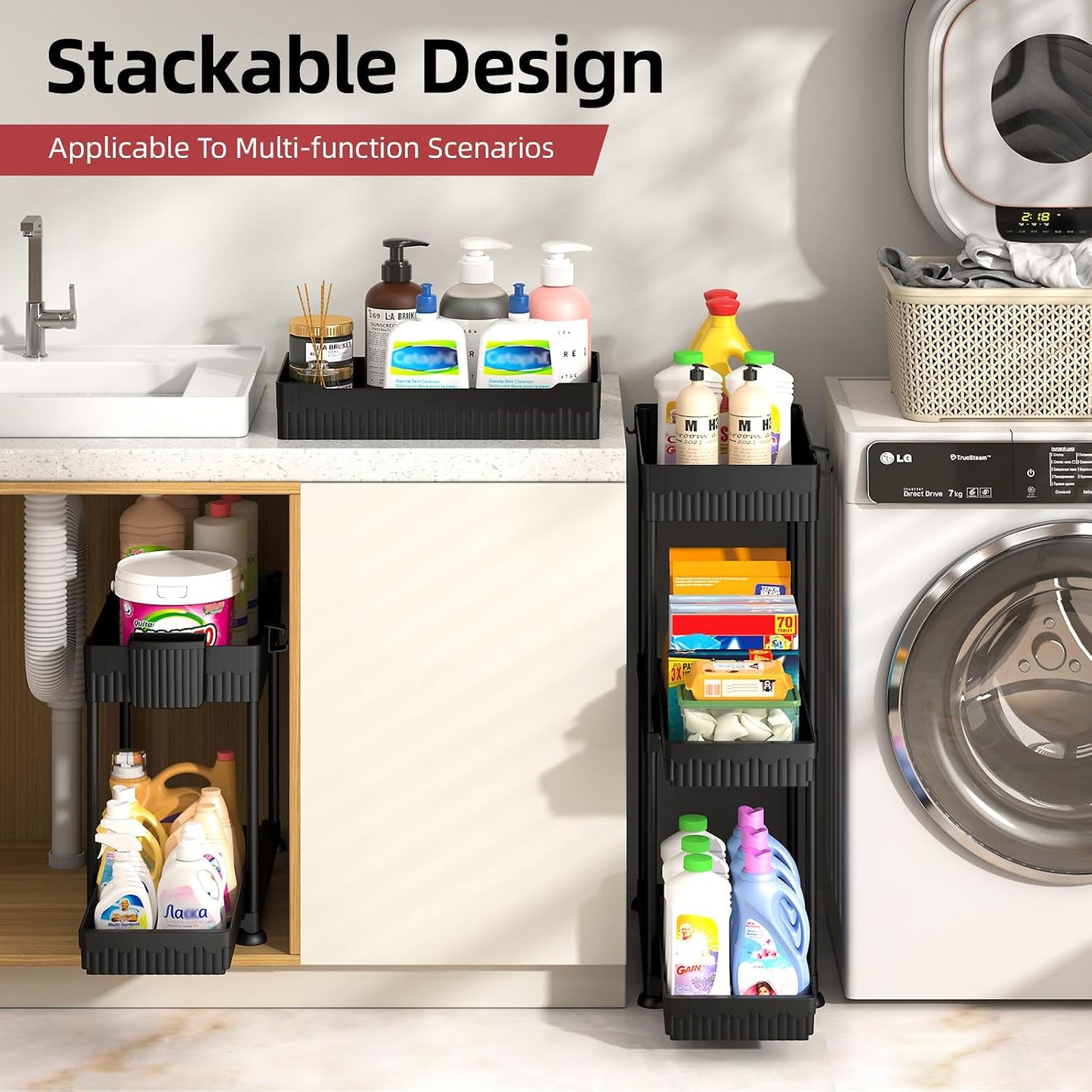 4-Pack 2-Tier Under Sink Organizer with Pull Out Drawers | Multi-use kitchen & bathroom storage. Includes hanging hooks and cups. Black, space-saving cabinet design.