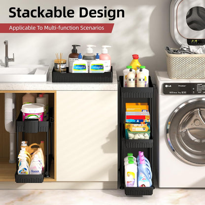 4-Pack 2-Tier Under Sink Organizer with Pull Out Drawers | Multi-use kitchen & bathroom storage. Includes hanging hooks and cups. Black, space-saving cabinet design.