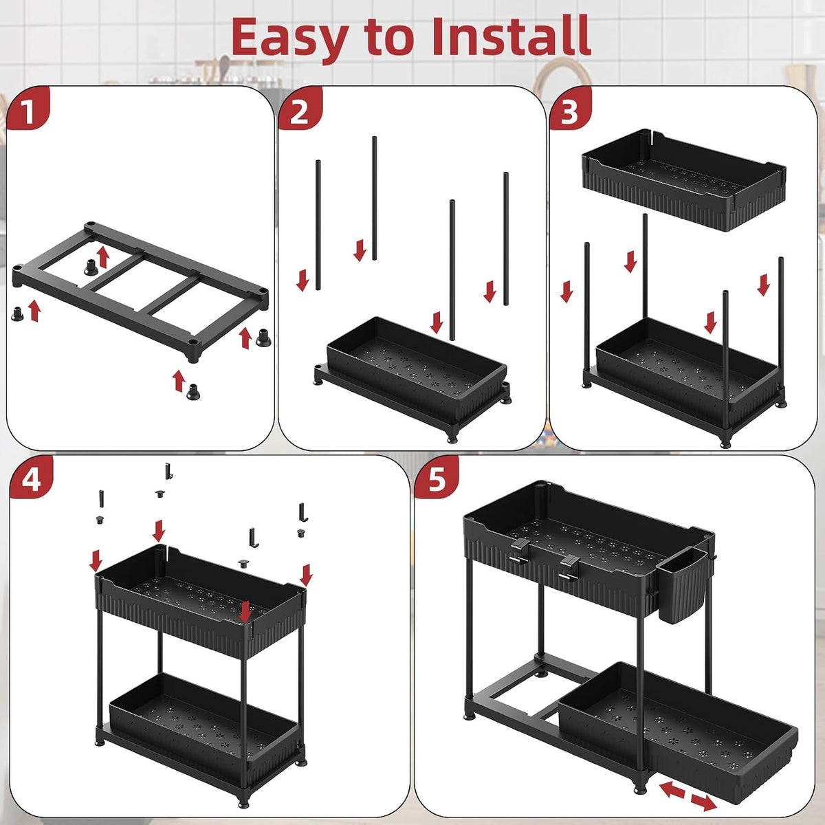 4-Pack 2-Tier Under Sink Organizer with Pull Out Drawers | Multi-use kitchen & bathroom storage. Includes hanging hooks and cups. Black, space-saving cabinet design.