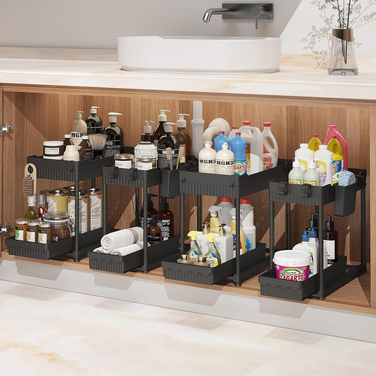 4-Pack 2-Tier Under Sink Organizer with Pull Out Drawers | Multi-use kitchen & bathroom storage. Includes hanging hooks and cups. Black, space-saving cabinet design.