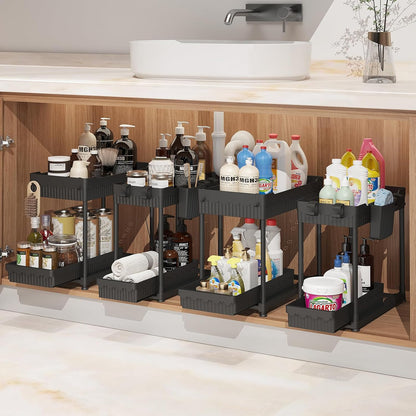 4-Pack 2-Tier Under Sink Organizer with Pull Out Drawers | Multi-use kitchen & bathroom storage. Includes hanging hooks and cups. Black, space-saving cabinet design.
