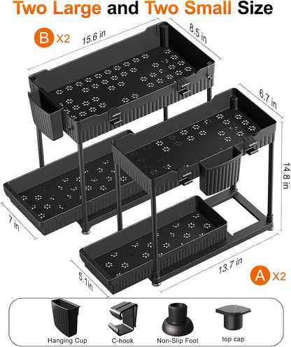4-Pack 2-Tier Under Sink Organizer with Pull Out Drawers | Multi-use kitchen & bathroom storage. Includes hanging hooks and cups. Black, space-saving cabinet design.