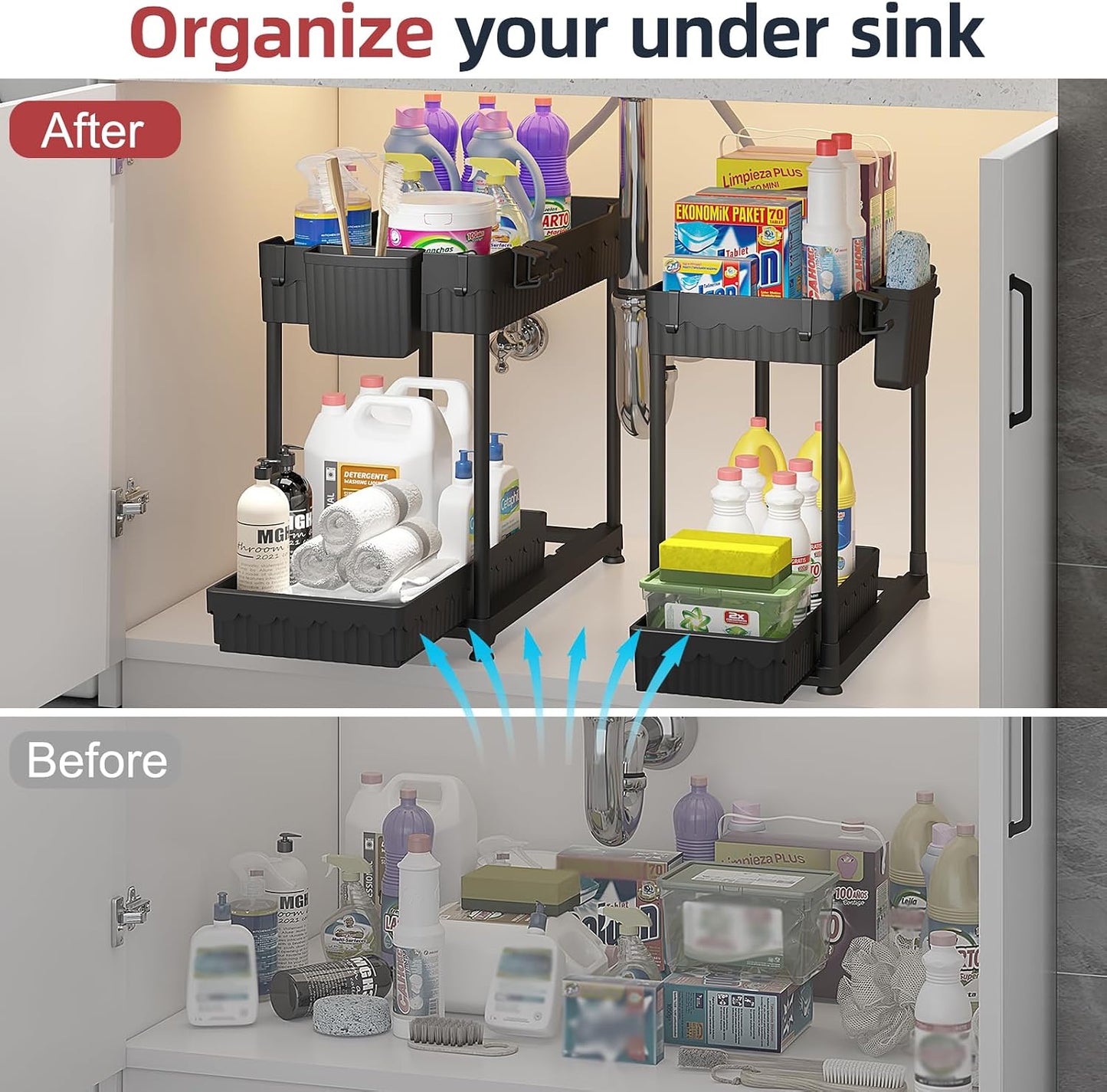 4-Pack 2-Tier Under Sink Organizer with Pull Out Drawers | Multi-use kitchen & bathroom storage. Includes hanging hooks and cups. Black, space-saving cabinet design.