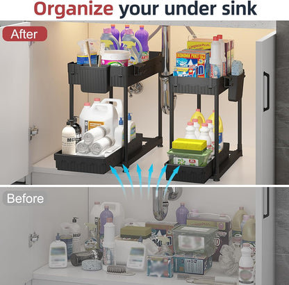 4-Pack 2-Tier Under Sink Organizer with Pull Out Drawers | Multi-use kitchen & bathroom storage. Includes hanging hooks and cups. Black, space-saving cabinet design.
