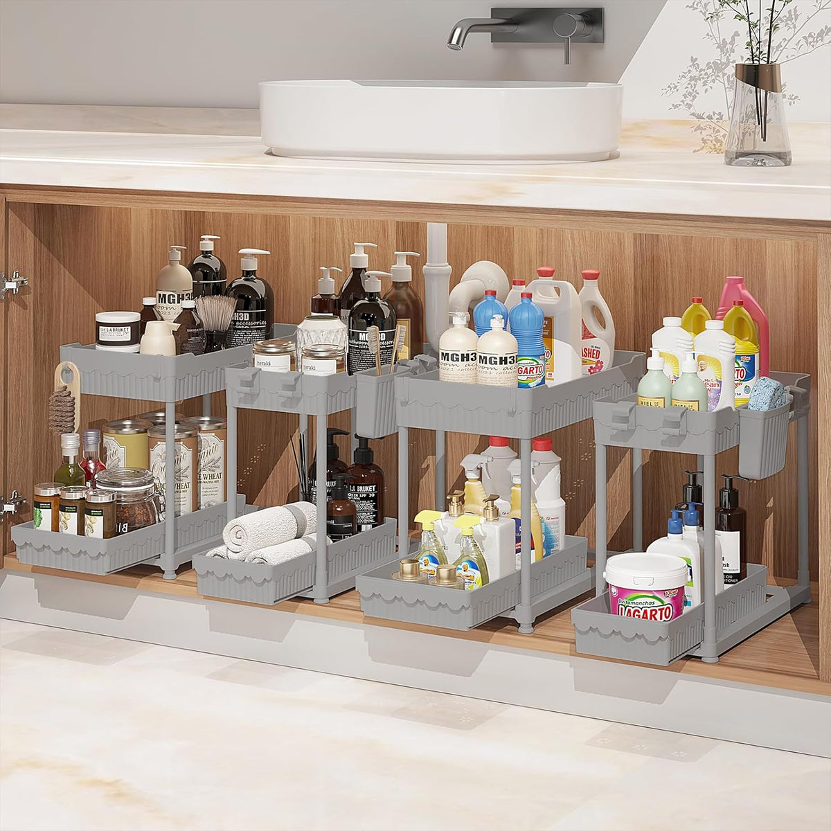 4-Pack 2-Tier Under Sink Organizer with Pull Out Drawers | Multi-use kitchen & bathroom storage. Includes hanging hooks and cups. Black, space-saving cabinet design.