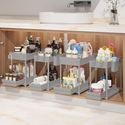 4-Pack 2-Tier Under Sink Organizer with Pull Out Drawers | Multi-use kitchen & bathroom storage. Includes hanging hooks and cups. Black, space-saving cabinet design.