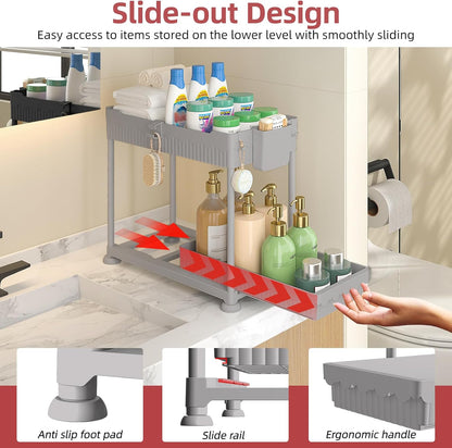 4-Pack 2-Tier Under Sink Organizer with Pull Out Drawers | Multi-use kitchen & bathroom storage. Includes hanging hooks and cups. Black, space-saving cabinet design.