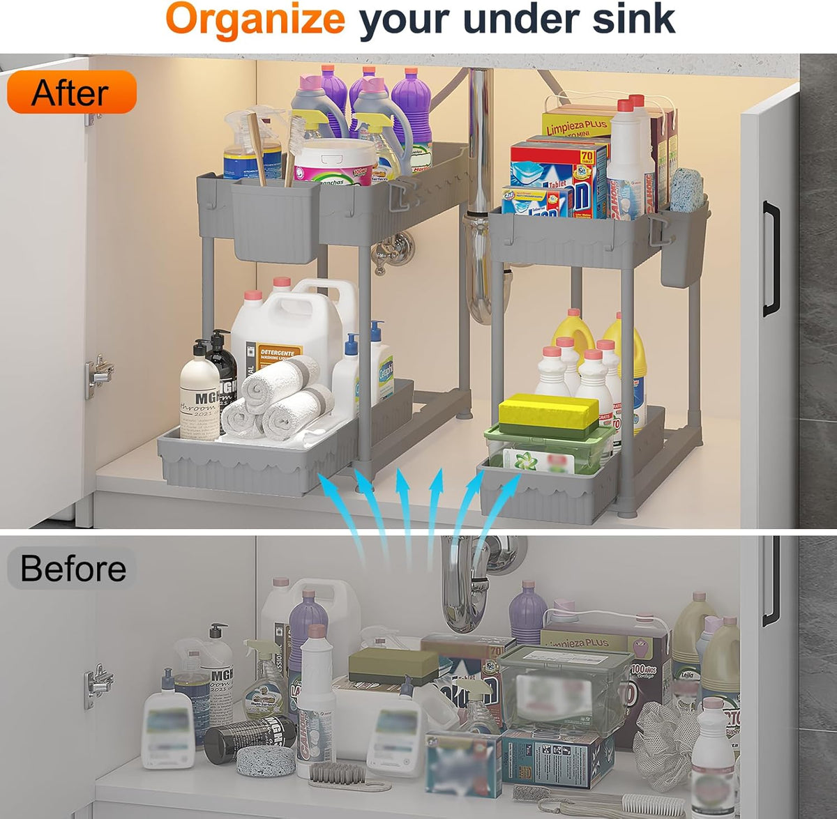 4-Pack 2-Tier Under Sink Organizer with Pull Out Drawers | Multi-use kitchen & bathroom storage. Includes hanging hooks and cups. Black, space-saving cabinet design.