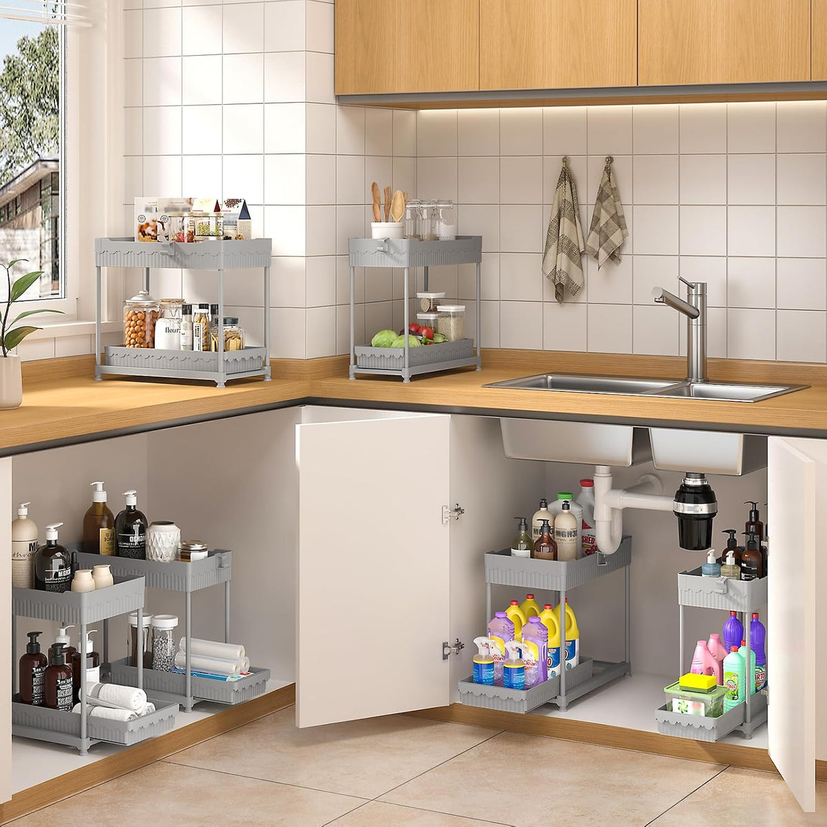 4-Pack 2-Tier Under Sink Organizer with Pull Out Drawers | Multi-use kitchen & bathroom storage. Includes hanging hooks and cups. Black, space-saving cabinet design.