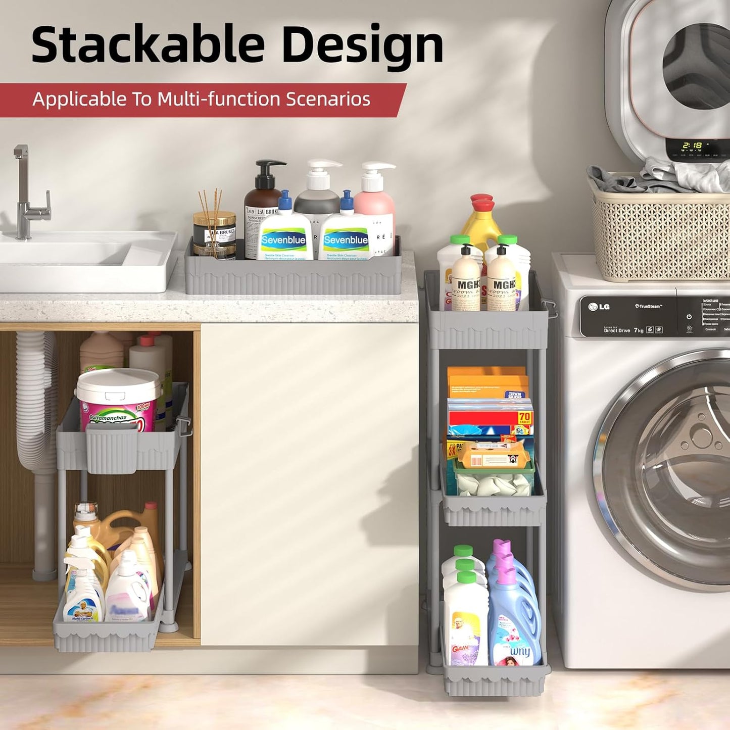 4-Pack 2-Tier Under Sink Organizer with Pull Out Drawers | Multi-use kitchen & bathroom storage. Includes hanging hooks and cups. Black, space-saving cabinet design.