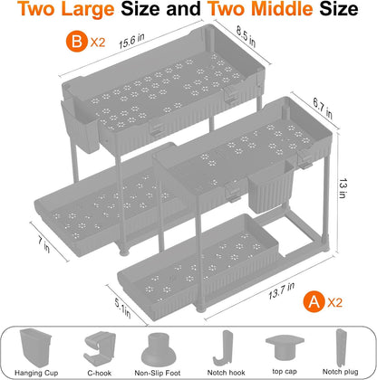 4-Pack 2-Tier Under Sink Organizer with Pull Out Drawers | Multi-use kitchen & bathroom storage. Includes hanging hooks and cups. Black, space-saving cabinet design.