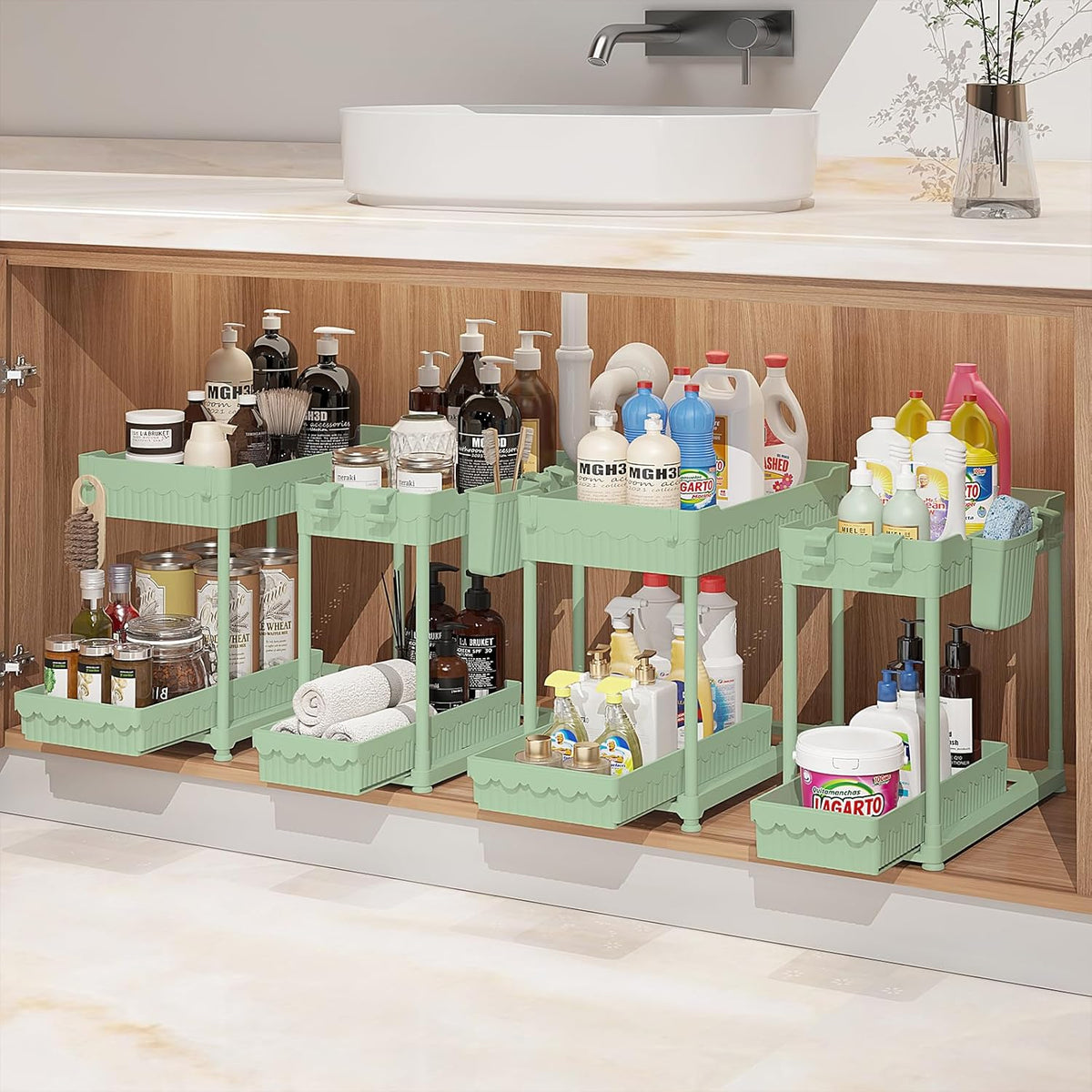 4-Pack 2-Tier Under Sink Organizer with Pull Out Drawers | Multi-use kitchen & bathroom storage. Includes hanging hooks and cups. Black, space-saving cabinet design.