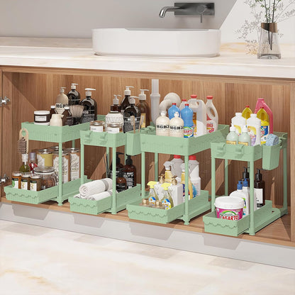 4-Pack 2-Tier Under Sink Organizer with Pull Out Drawers | Multi-use kitchen & bathroom storage. Includes hanging hooks and cups. Black, space-saving cabinet design.