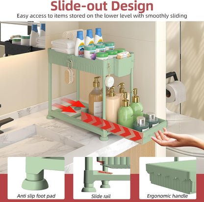 4-Pack 2-Tier Under Sink Organizer with Pull Out Drawers | Multi-use kitchen & bathroom storage. Includes hanging hooks and cups. Black, space-saving cabinet design.