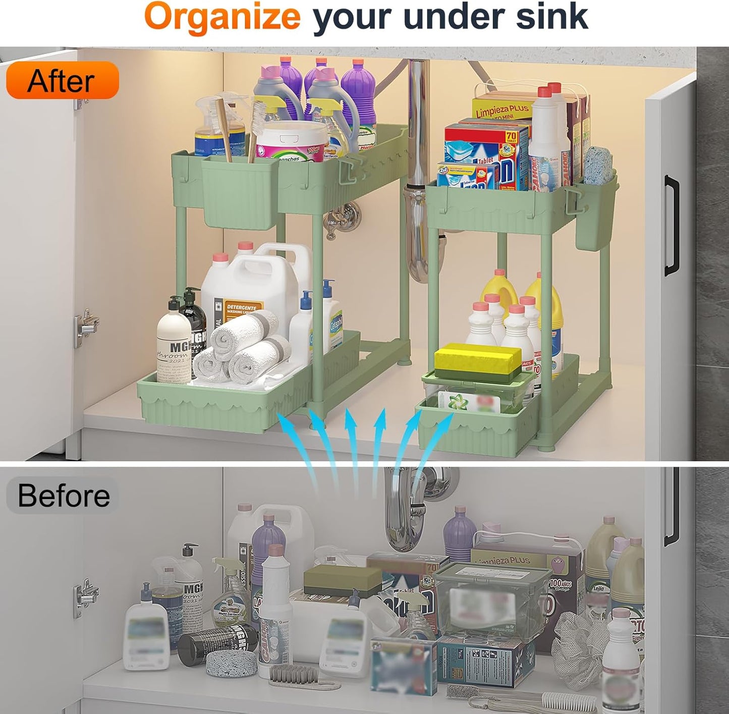 4-Pack 2-Tier Under Sink Organizer with Pull Out Drawers | Multi-use kitchen & bathroom storage. Includes hanging hooks and cups. Black, space-saving cabinet design.