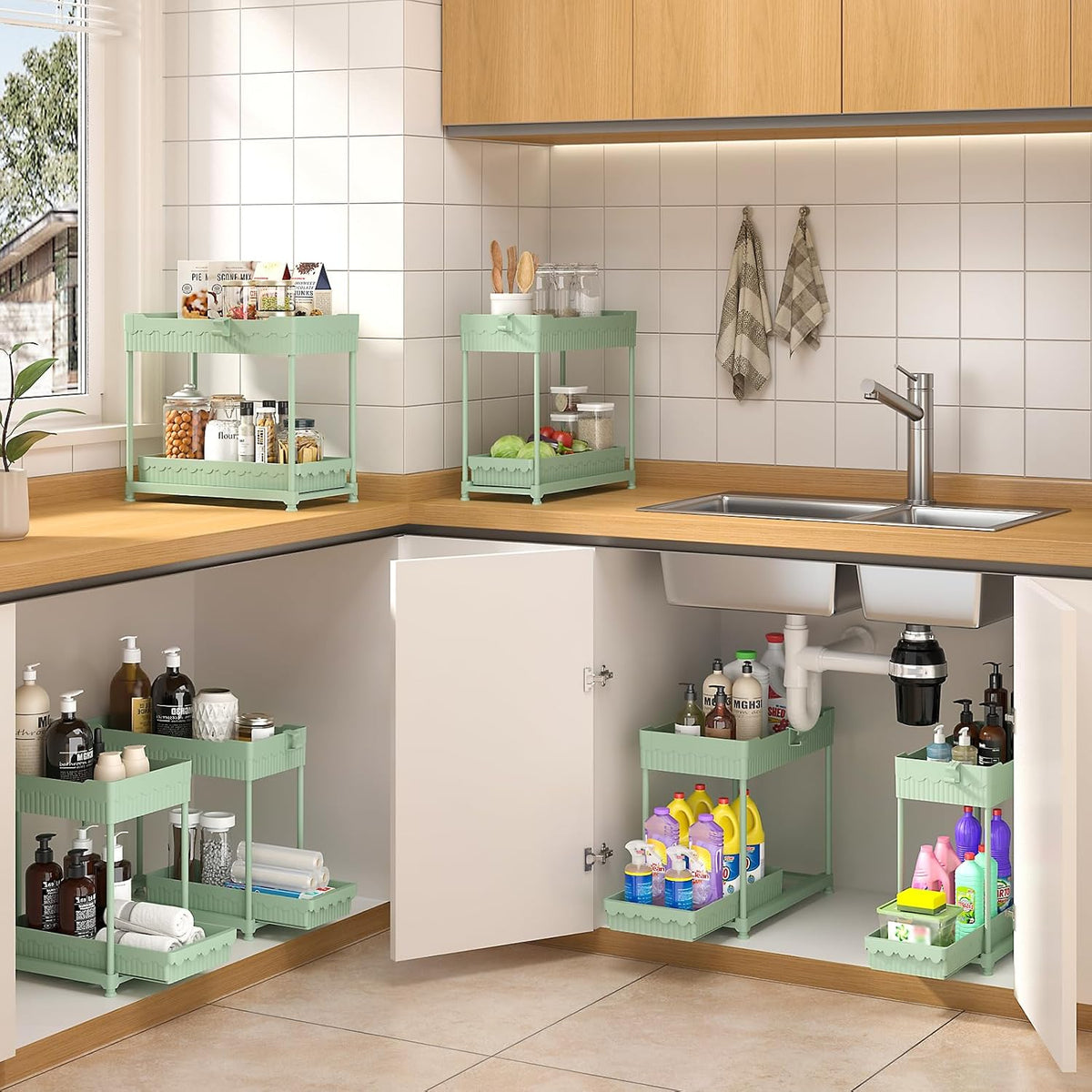 4-Pack 2-Tier Under Sink Organizer with Pull Out Drawers | Multi-use kitchen & bathroom storage. Includes hanging hooks and cups. Black, space-saving cabinet design.