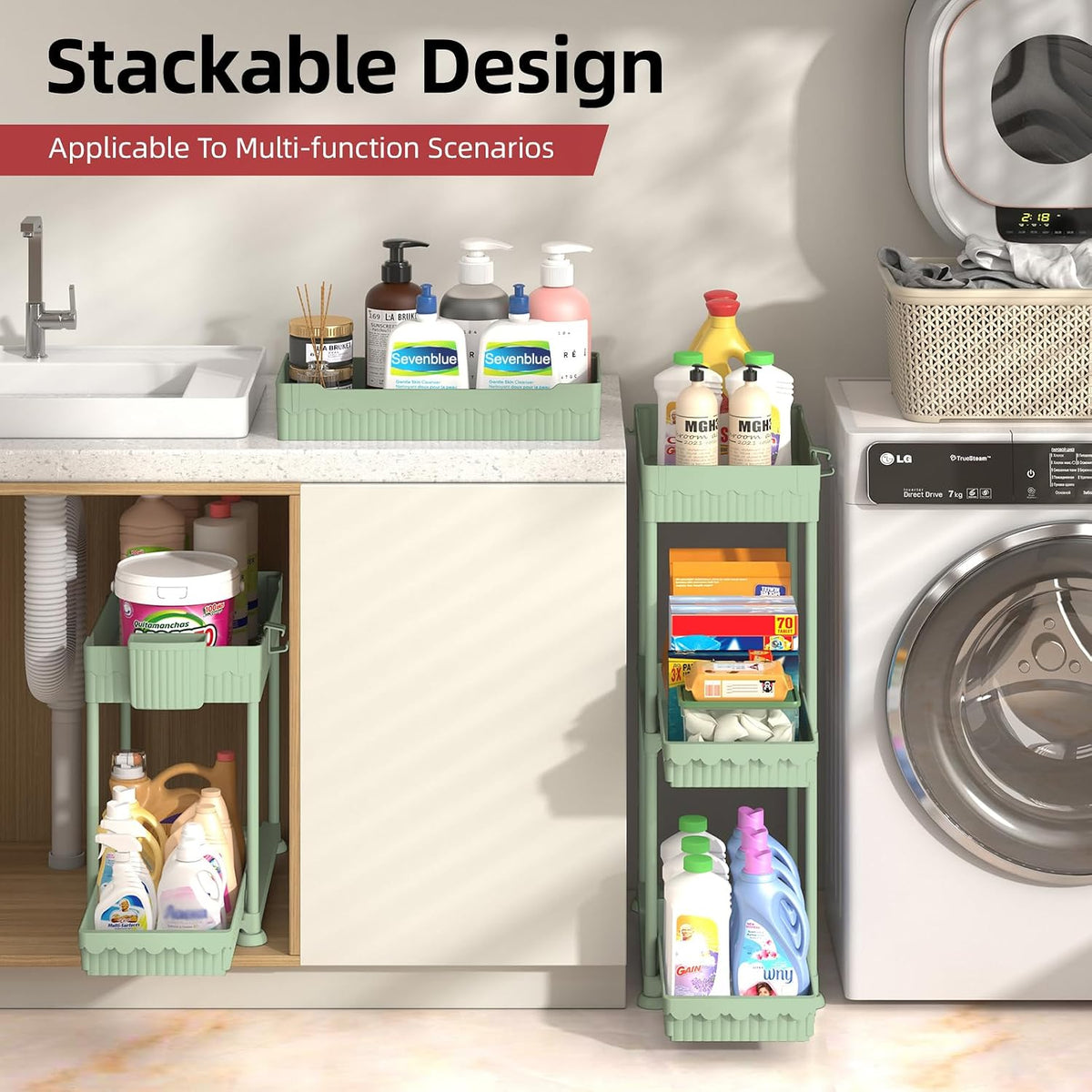 4-Pack 2-Tier Under Sink Organizer with Pull Out Drawers | Multi-use kitchen & bathroom storage. Includes hanging hooks and cups. Black, space-saving cabinet design.