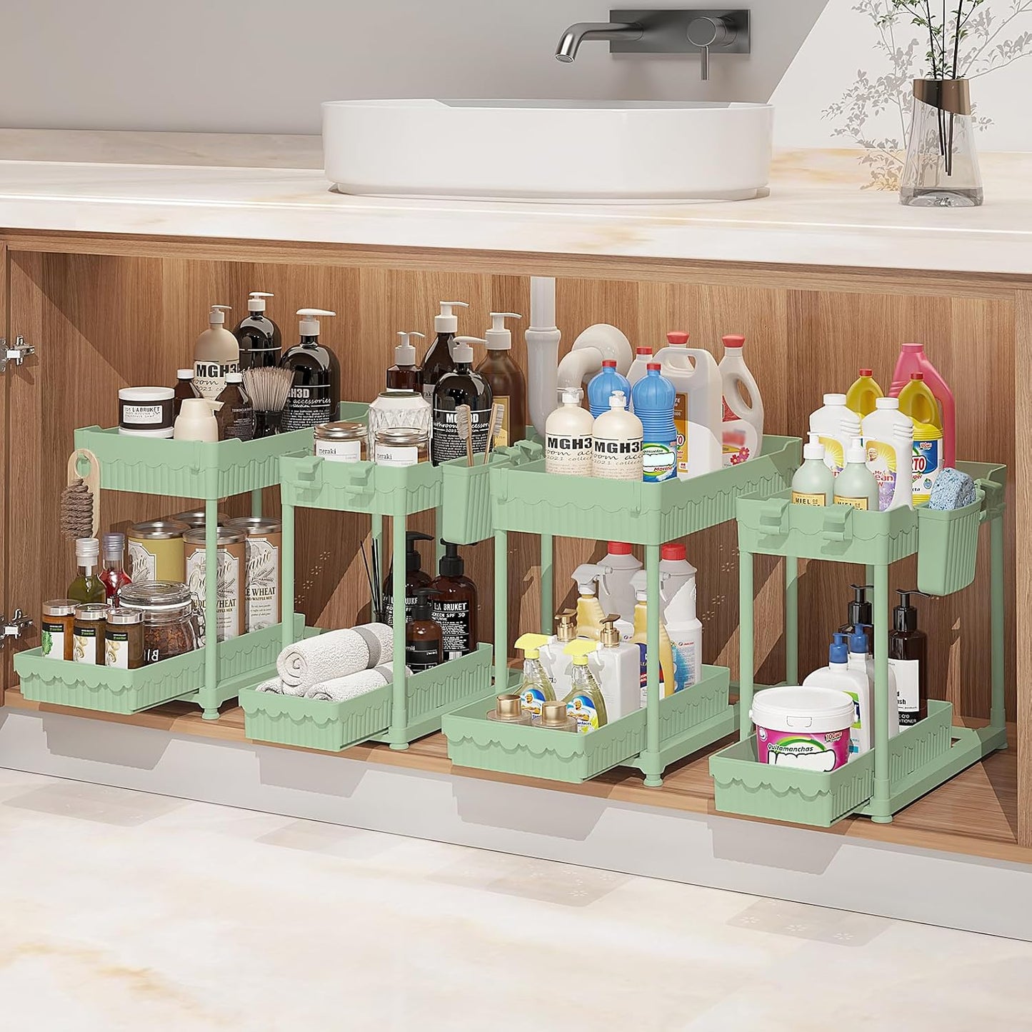 4-Pack 2-Tier Under Sink Organizer with Pull Out Drawers | Multi-use kitchen & bathroom storage. Includes hanging hooks and cups. Black, space-saving cabinet design.