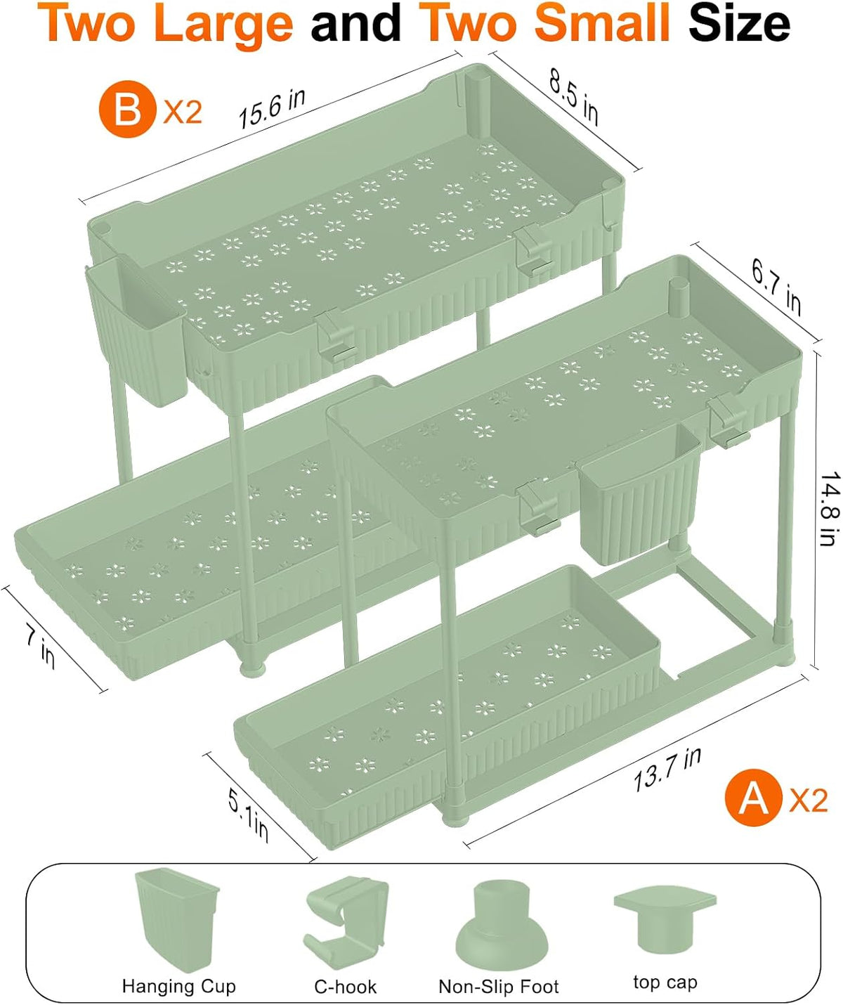 4-Pack 2-Tier Under Sink Organizer with Pull Out Drawers | Multi-use kitchen & bathroom storage. Includes hanging hooks and cups. Black, space-saving cabinet design.