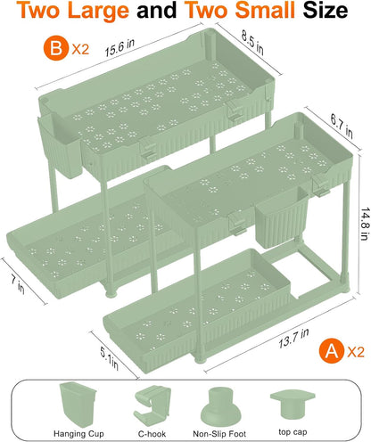 4-Pack 2-Tier Under Sink Organizer with Pull Out Drawers | Multi-use kitchen & bathroom storage. Includes hanging hooks and cups. Black, space-saving cabinet design.