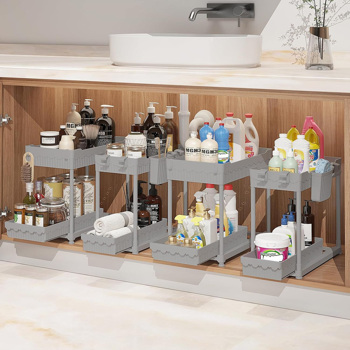 4-Pack 2-Tier Under Sink Organizer with Pull Out Drawers | Multi-use kitchen & bathroom storage. Includes hanging hooks and cups. Black, space-saving cabinet design.