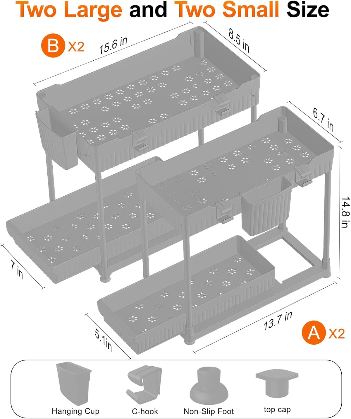4-Pack 2-Tier Under Sink Organizer with Pull Out Drawers | Multi-use kitchen & bathroom storage. Includes hanging hooks and cups. Black, space-saving cabinet design.