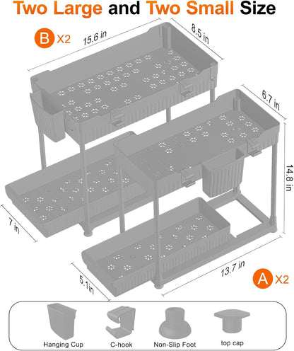 4-Pack 2-Tier Under Sink Organizer with Pull Out Drawers | Multi-use kitchen & bathroom storage. Includes hanging hooks and cups. Black, space-saving cabinet design.