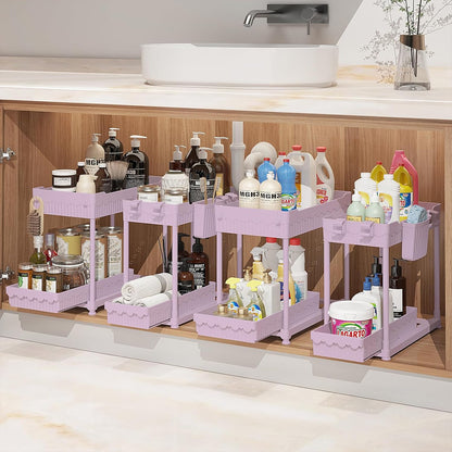 4-Pack 2-Tier Under Sink Organizer with Pull Out Drawers | Multi-use kitchen & bathroom storage. Includes hanging hooks and cups. Black, space-saving cabinet design.