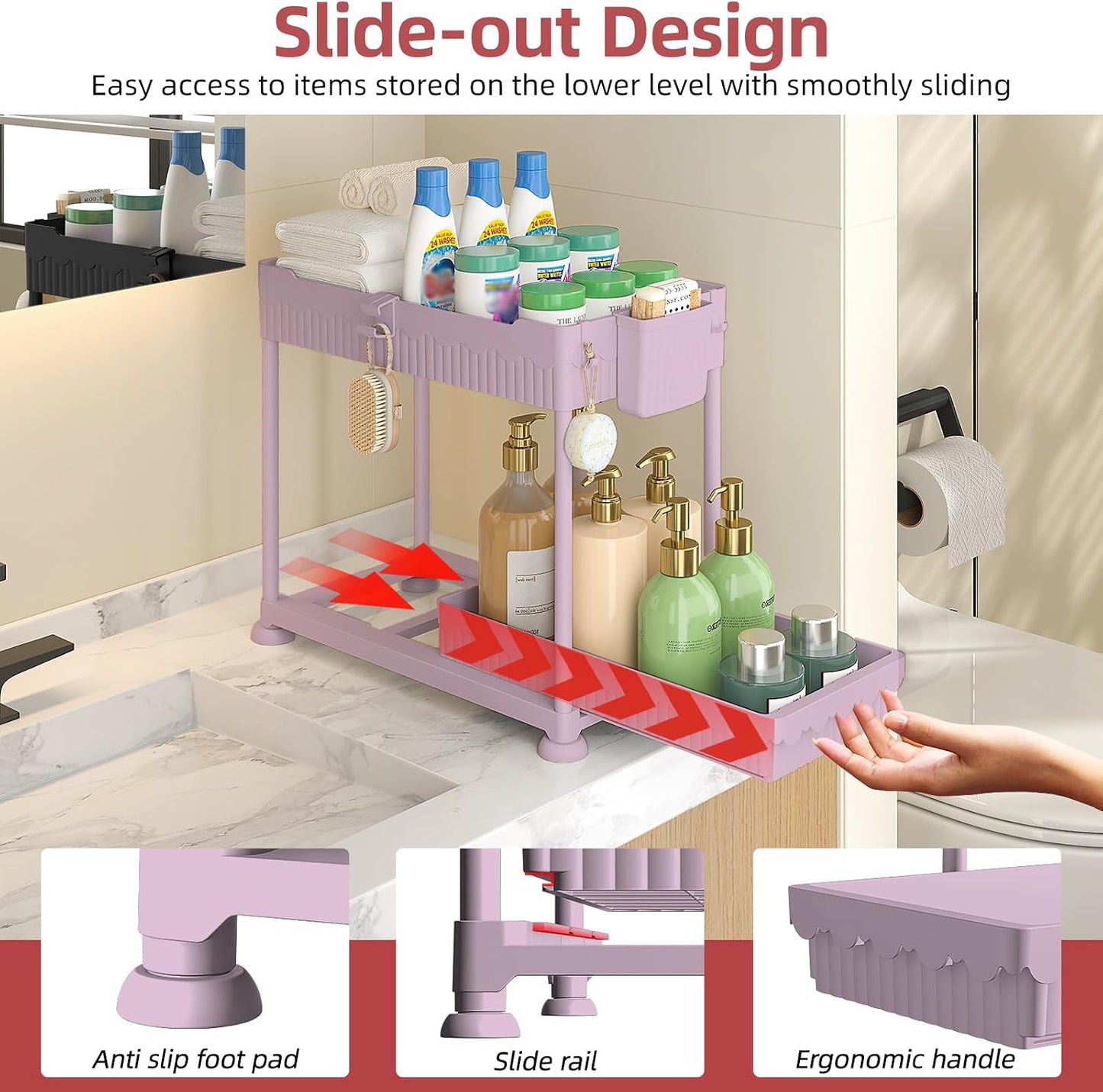 4-Pack 2-Tier Under Sink Organizer with Pull Out Drawers | Multi-use kitchen & bathroom storage. Includes hanging hooks and cups. Black, space-saving cabinet design.