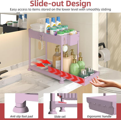 4-Pack 2-Tier Under Sink Organizer with Pull Out Drawers | Multi-use kitchen & bathroom storage. Includes hanging hooks and cups. Black, space-saving cabinet design.