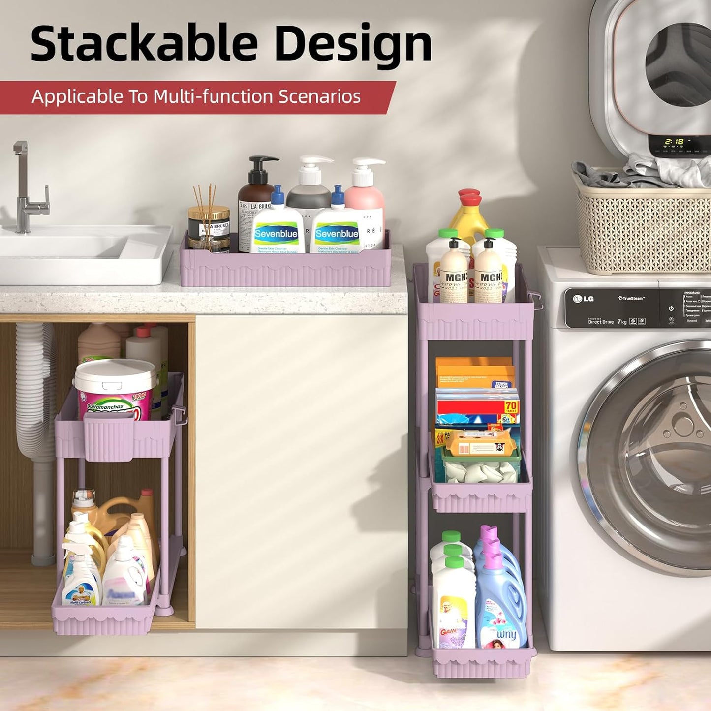 4-Pack 2-Tier Under Sink Organizer with Pull Out Drawers | Multi-use kitchen & bathroom storage. Includes hanging hooks and cups. Black, space-saving cabinet design.