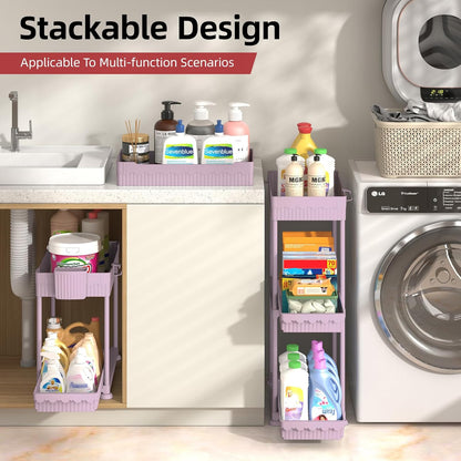 4-Pack 2-Tier Under Sink Organizer with Pull Out Drawers | Multi-use kitchen & bathroom storage. Includes hanging hooks and cups. Black, space-saving cabinet design.