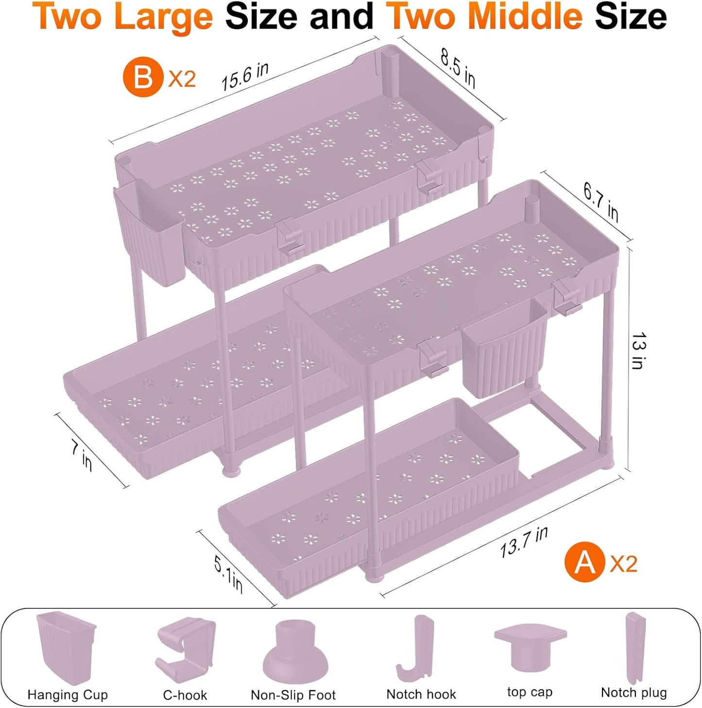 4-Pack 2-Tier Under Sink Organizer with Pull Out Drawers | Multi-use kitchen & bathroom storage. Includes hanging hooks and cups. Black, space-saving cabinet design.