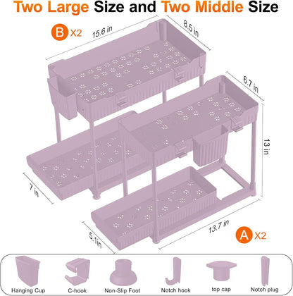 4-Pack 2-Tier Under Sink Organizer with Pull Out Drawers | Multi-use kitchen & bathroom storage. Includes hanging hooks and cups. Black, space-saving cabinet design.