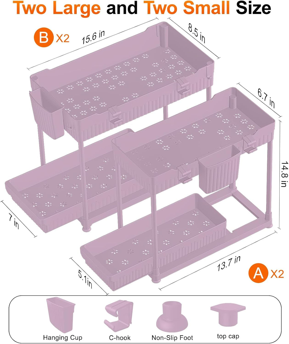 4-Pack 2-Tier Under Sink Organizer with Pull Out Drawers | Multi-use kitchen & bathroom storage. Includes hanging hooks and cups. Black, space-saving cabinet design.