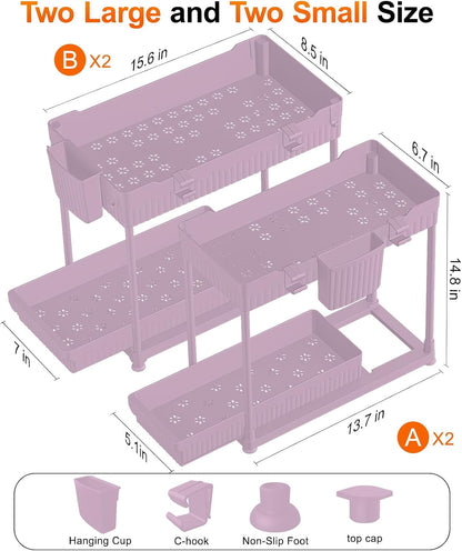4-Pack 2-Tier Under Sink Organizer with Pull Out Drawers | Multi-use kitchen & bathroom storage. Includes hanging hooks and cups. Black, space-saving cabinet design.