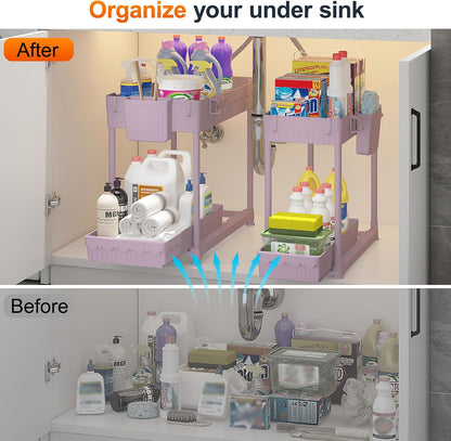 4-Pack 2-Tier Under Sink Organizer with Pull Out Drawers | Multi-use kitchen & bathroom storage. Includes hanging hooks and cups. Black, space-saving cabinet design.