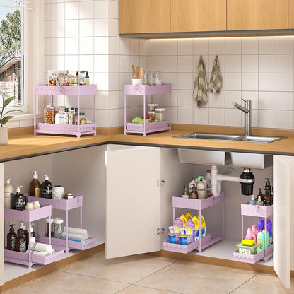 4-Pack 2-Tier Under Sink Organizer with Pull Out Drawers | Multi-use kitchen & bathroom storage. Includes hanging hooks and cups. Black, space-saving cabinet design.