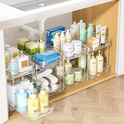 4-Pack 2-Tier Under Sink Organizer with Pull Out Drawers | Multi-use kitchen & bathroom storage. Includes hanging hooks and cups. Black, space-saving cabinet design.
