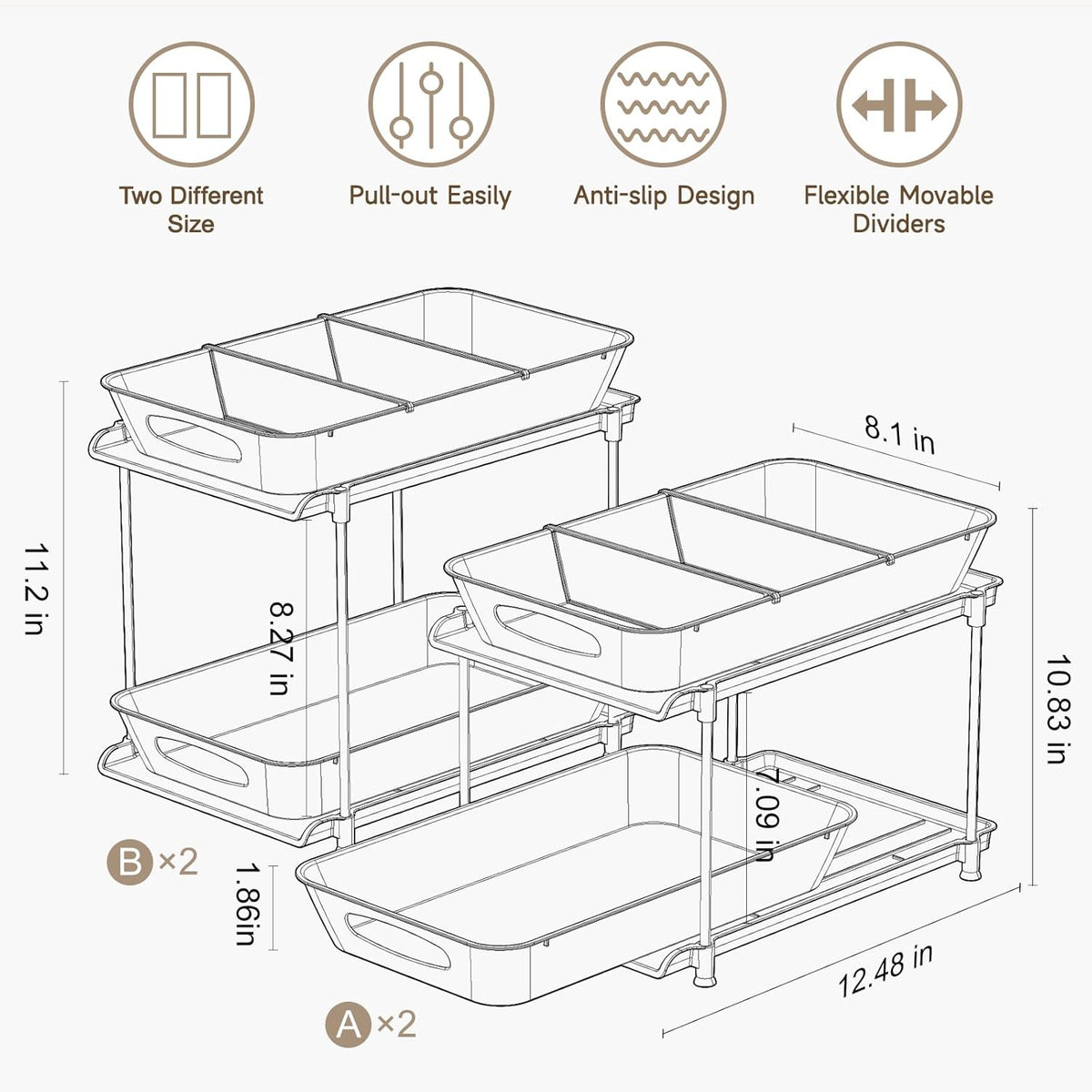 4-Pack 2-Tier Under Sink Organizer with Pull Out Drawers | Multi-use kitchen & bathroom storage. Includes hanging hooks and cups. Black, space-saving cabinet design.